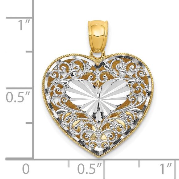 14k Two Tone Gold Reversible Filigree and Basket Weave Heart Pendant - Picture 4 of 5